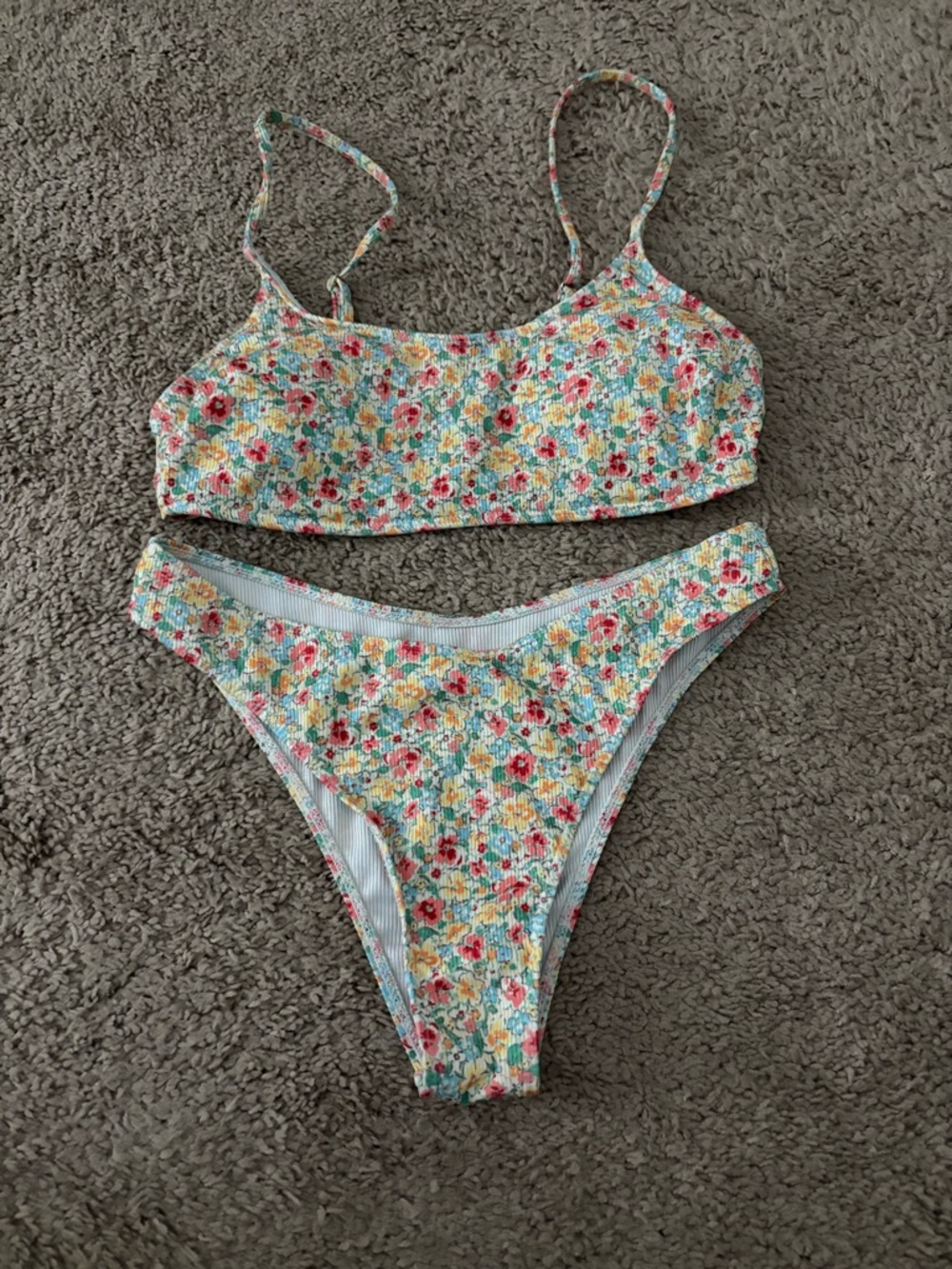 Floral Ribbed Two-Piece Bikini Set - Yellow Multi